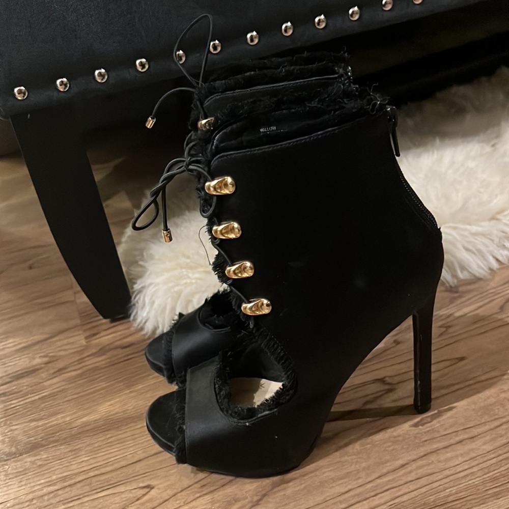 Black Satin Lace Up Heel Sandal Gold Detail